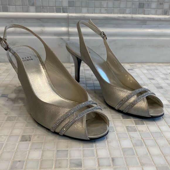 Stuart Weitzman Silver Slingback Heels with Sequin Straps - Picture 1 of 12